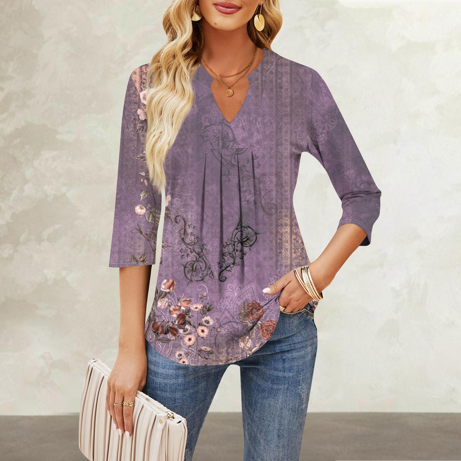 

Женские повседневные свободные футболки с рукавом семь четвертей с v-образным вырезом на груди и рюшами с принтом, топы XL фиолетовый