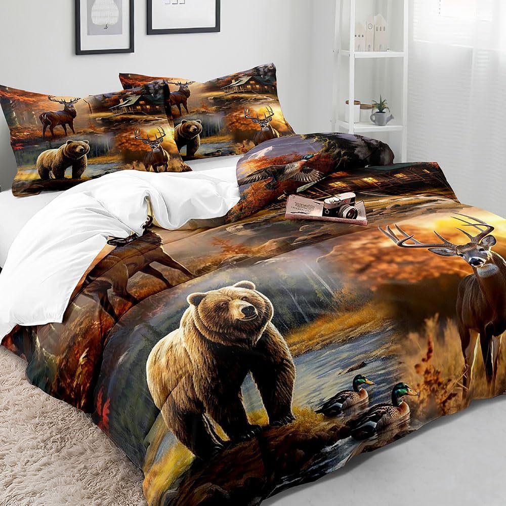 Beardeer Woodland Country Cottage Three-Piece Quilt Cover Digital Printing Bedding Set Bed Cover