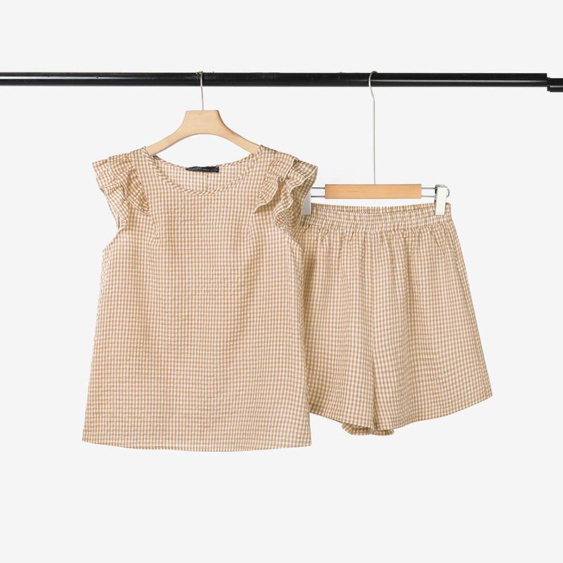 

ZANZEA Women Sleeveless Tank Tops and Shorts Summer Grid Print Two Piece Sets 5XL хаки