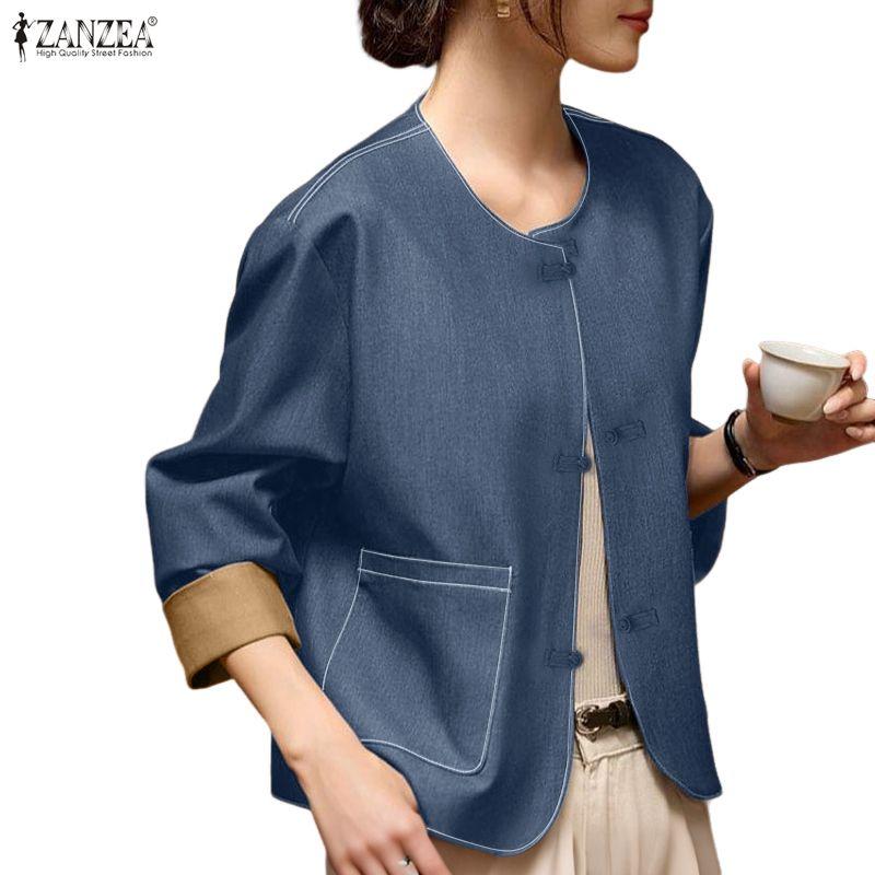 ZANZEA Women Round Neck Loose Long Sleeve Casual Blouse