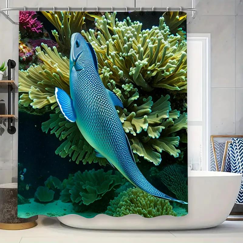 

Blue Fish Coral Reef Shower Curtain 3D Printed Waterproof Home Decor Bathroom Liner Options for Modern Bathroo W90xH180cm