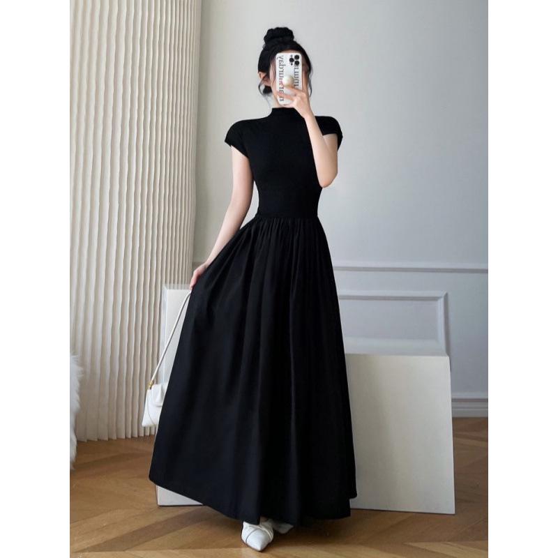 French Hepburn Style Black Slim Waist Long Summer Dress for Women
