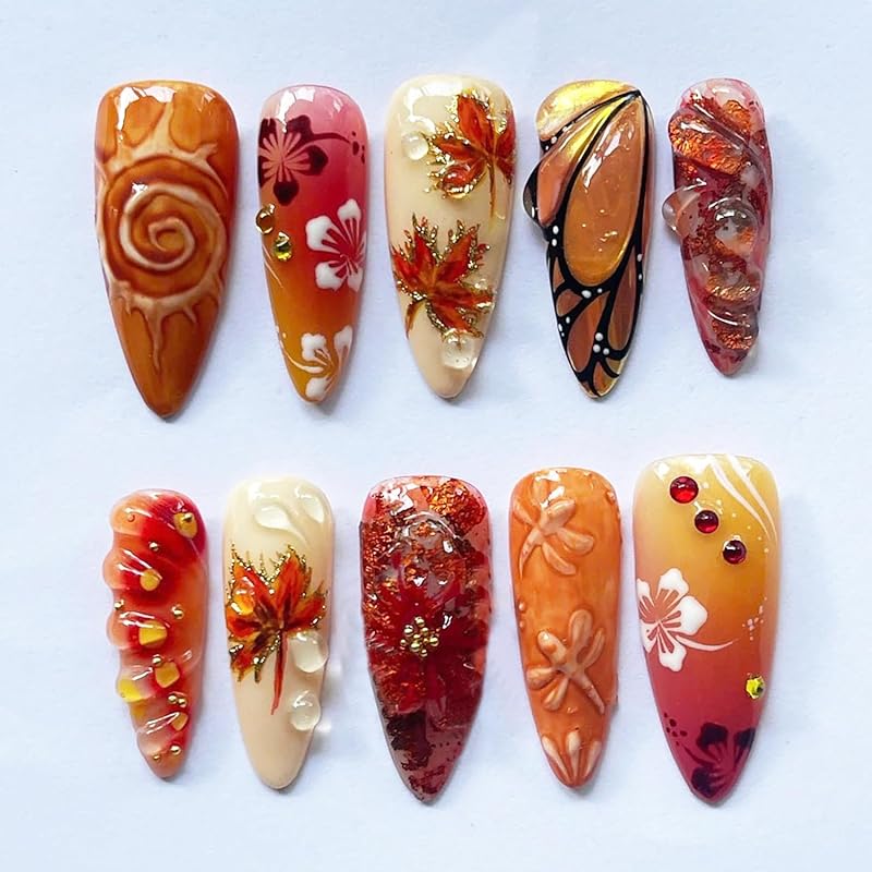 30Pcs Fall Press On Nails Medium Almond Red Maple Leaf Fake Nails with Gradient Designs Fall Leaves Stick On Nails Full Cover Autumn Acrylic Nails