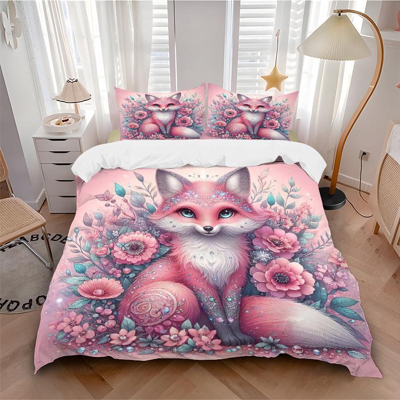 3pcs Fox & Pink Flower Bedding Set - Includes Quilt Cover and Pillowcases, Suitable for All Seasons, Machine Washable - Ideal Gift for Famil