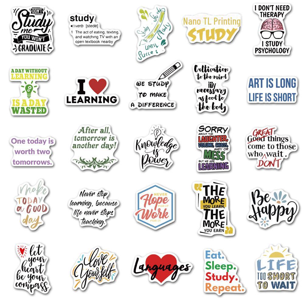 50 Inspirational English Learning Slogans Graffiti Stickers: Waterproof and Removable for Cups, Notebooks, Phones, Suitcases.