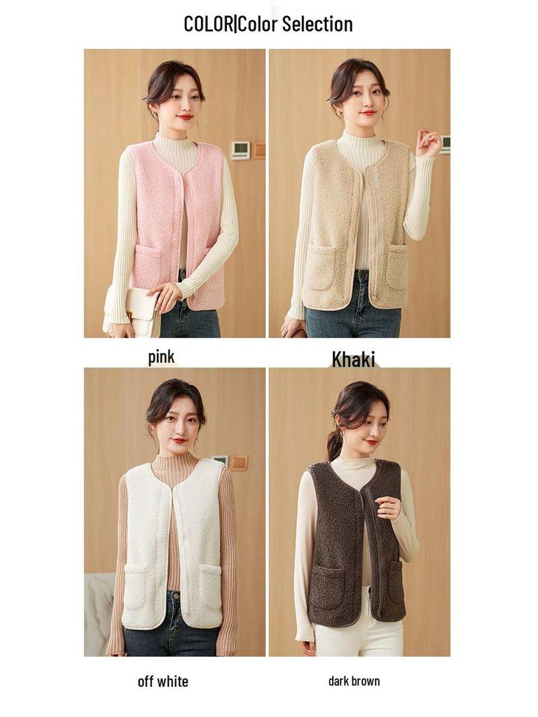 Gilet pour femme 2026 en laine d'agneau et cuir - Style coréen, Vêtement d'extérieur polyvalent Automne/Hiver