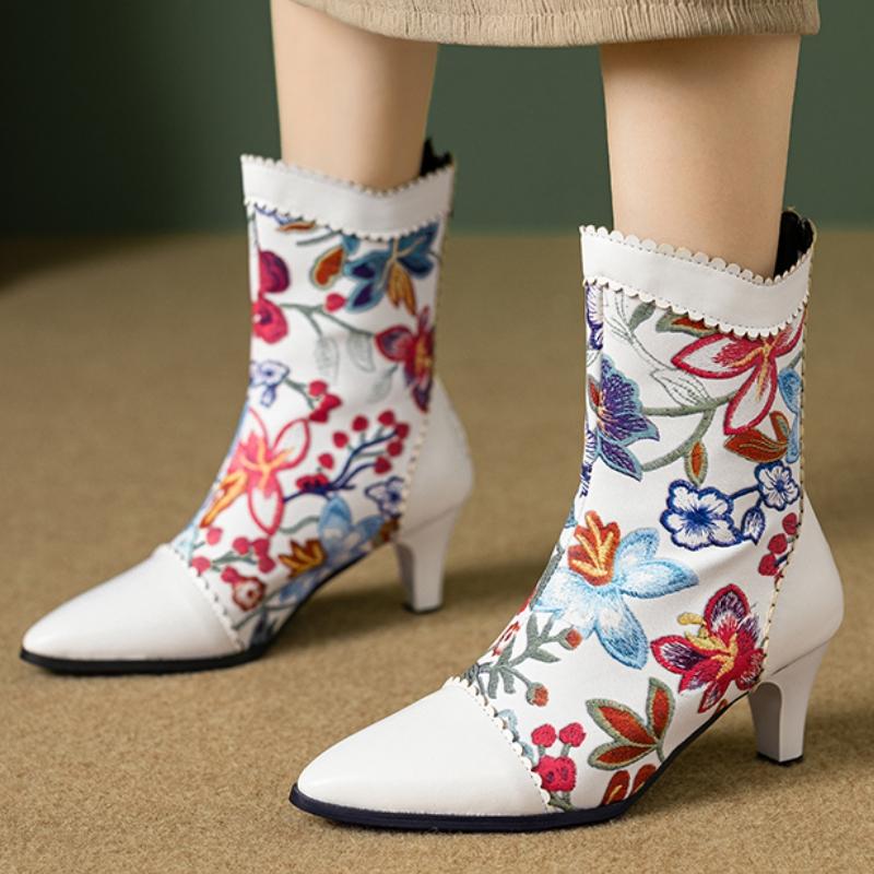 Autumn Spring Mid-calf Boots Women 2025 Fashion Flower White Black Short Boot Ladies Elegant Heels Point Party Shoes for Girls