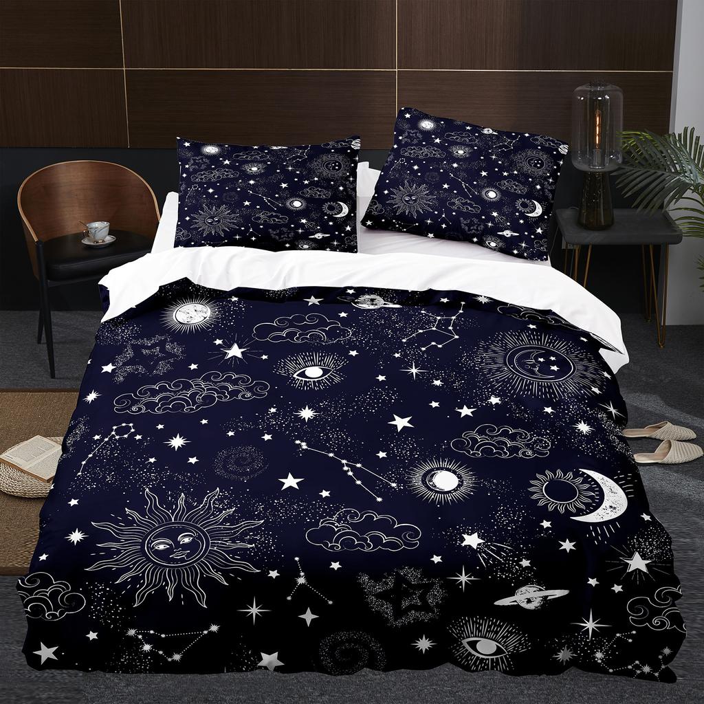 Ancient Sun Moon Duvet Cover Set King Queen Size Purple Lilac Colorful Galaxy Psychedelic Boho Mandala Polyester Bedding Set