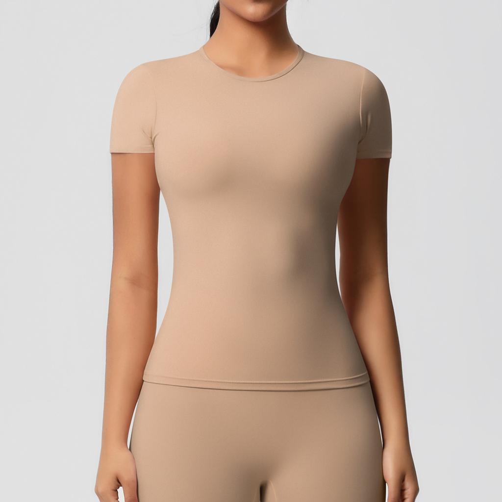 Solid color double-sided abraded tight sports short-sleeved T-shirt sports running fitness yoga clothes top women
