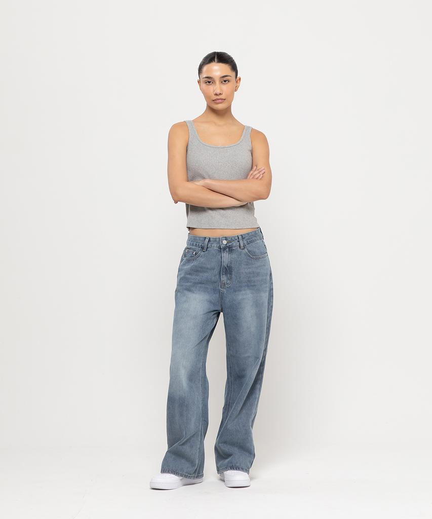 CHAMBROS Women'S Semi-Wide Washed Denim Pants [Medium Blue]