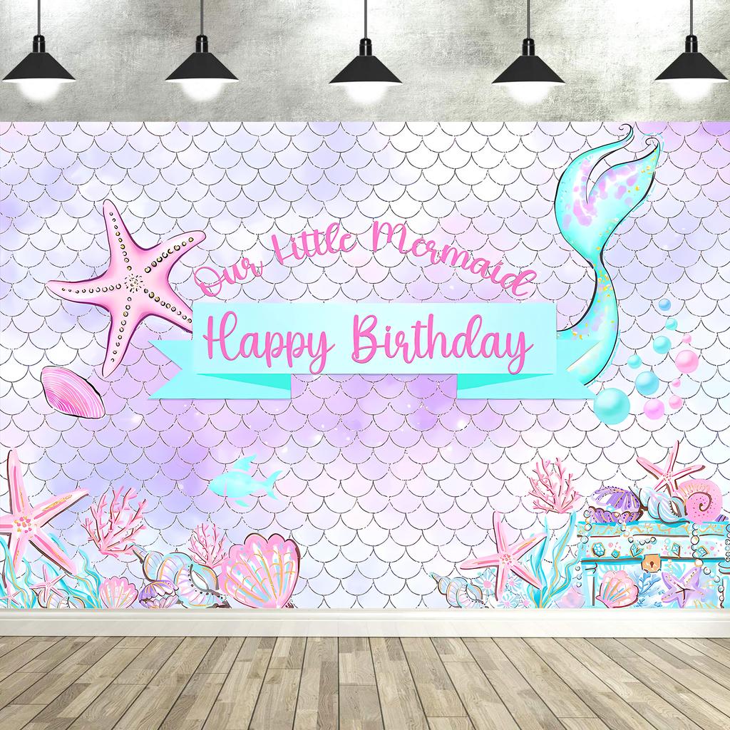 Mermaid Birthday Backdrop Under The Sea Birthday Party Decoration for Girl Purple Glitter  Mermaid Tails Photography Background