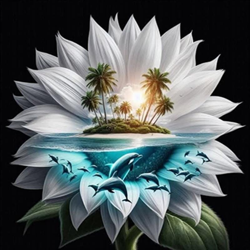 5D Diamond Painting Set - Island Scenery Theme | Enormous White Flowers, Tropical Islands, Underwater Dolphins, Round Diamond Beads, Bright Colors | A