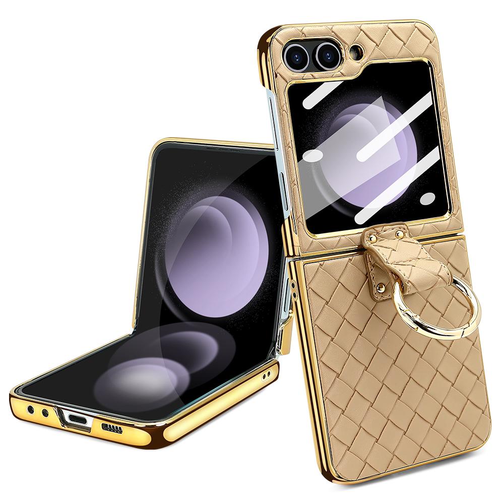 VIETAO Gold Electroplated Phone Case Cover With Finger Ring For Samsung Galaxy Z Flip 6 Flip 5 Flip 4 Flip 3 Back Screen Film