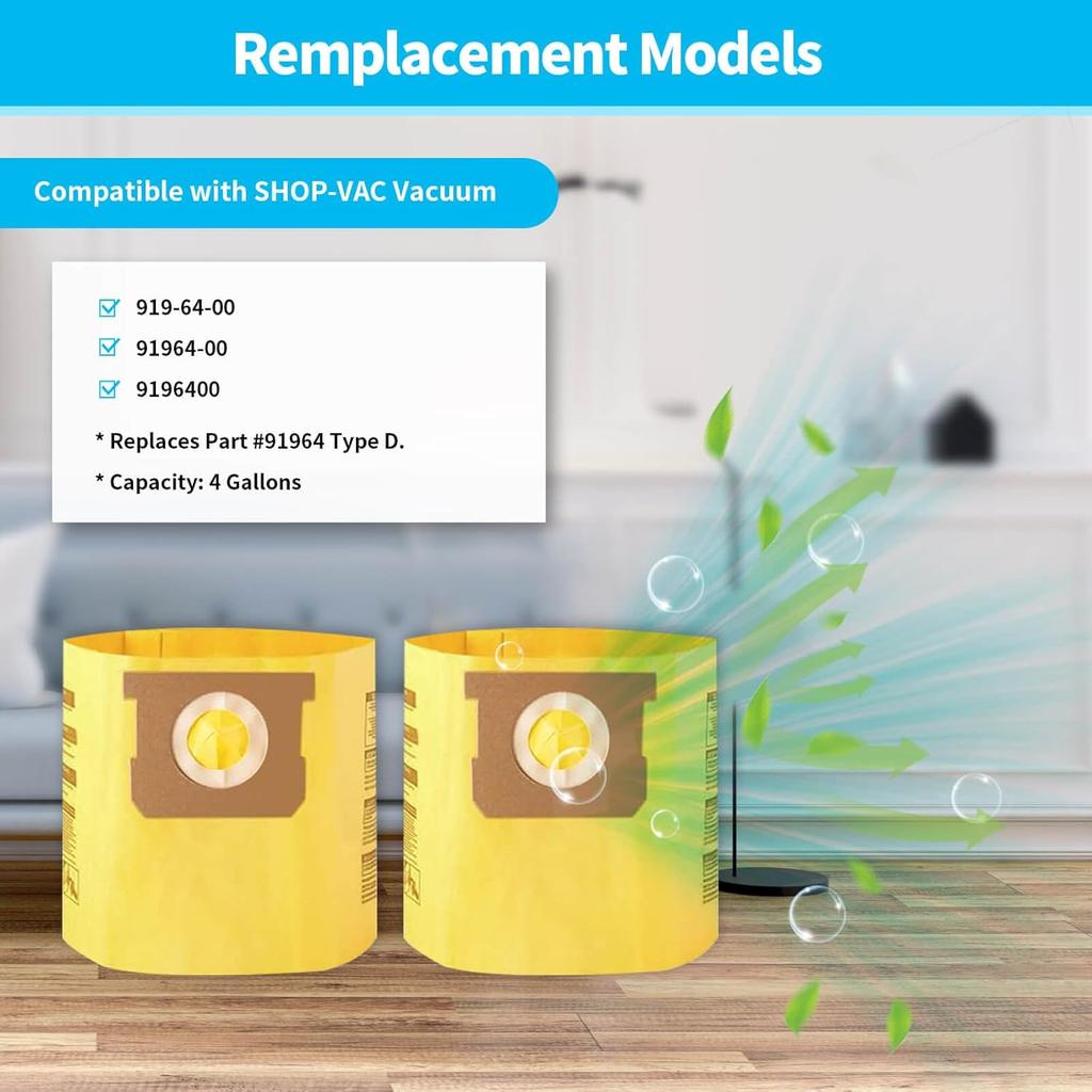 6 Packs Type D High Efficiency Filter Bags for 4 Gallon Wet/Dry Vacuums, Part #91964