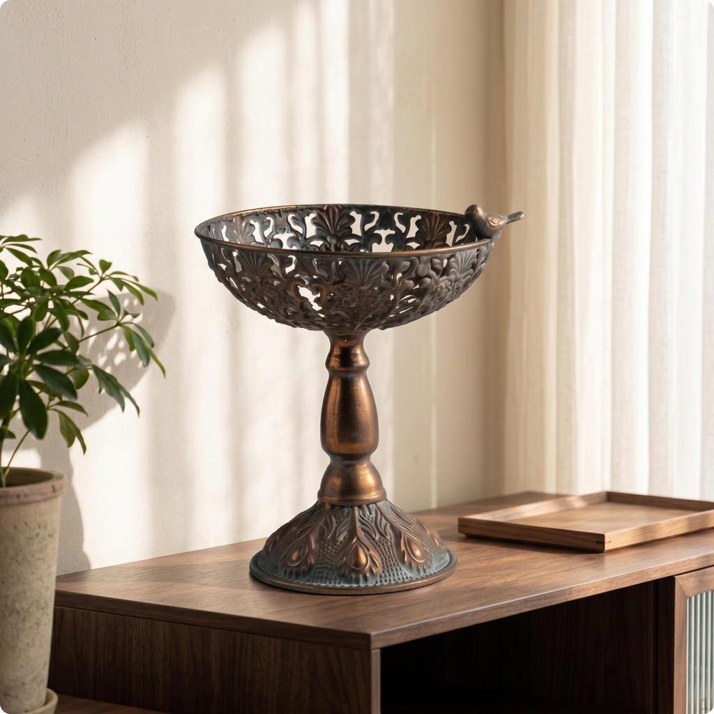Pedestal Fruit Tray Antique Bronze Bowl with Ornate Decorative Holder Bird for