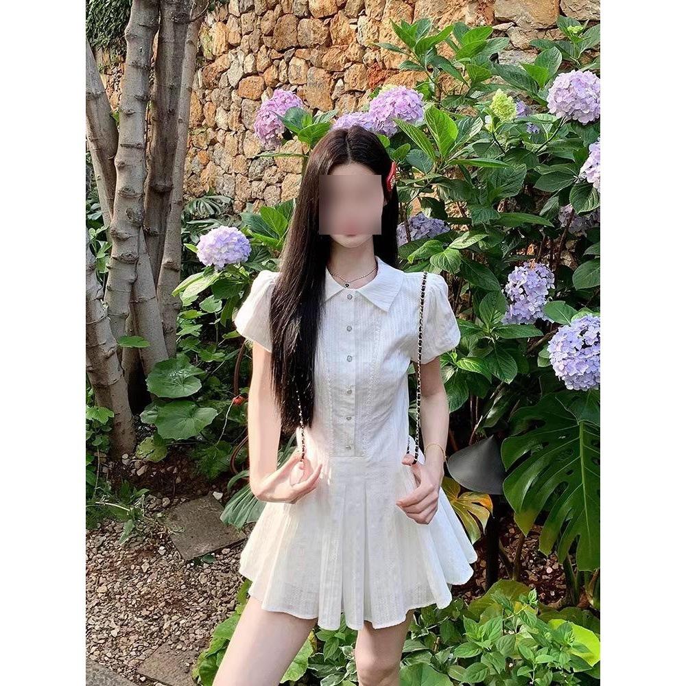 Song Jong-un's collegiate style white puff sleeve shirt dress female summer temperament waist small man sweet short skirt