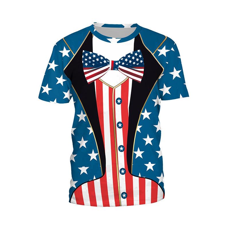 Summer Round Neck 3D American Flag and Animal Graphic Print T-shirts Fashionable Casual Short Sleeved Men's T-shirts