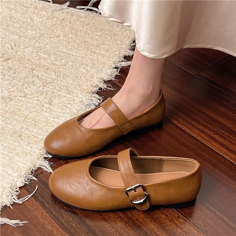 Fashion New Style Luxury Mary Jane Shoes Female Genuine Leather Ballet Shoes Women Square Toe Flat Cowhide Ladies Shoes Zapatos Mujer