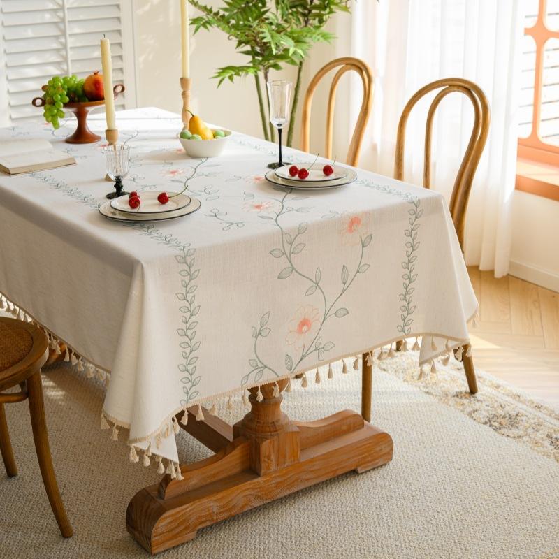 Embroidery High-Grade Waterproof Cotton And Linen Fabric Dining Table Cloth Rectangular Fringe Simple Tablecloth