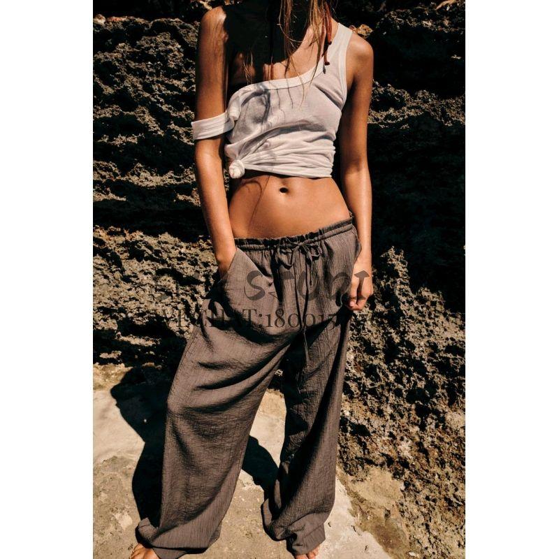 Spring New European and American Commuters' Plaid Easiest for Match Stretch Waist Lace up Casual Textured Pants 4391450