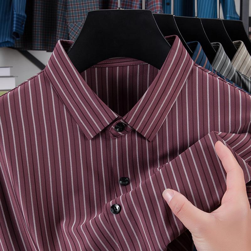 

Men s Lapel Long Sleeve Shirt Spring Autumn Solid Color Stripe Seamless Luxurious Business Casual Menswear M красный