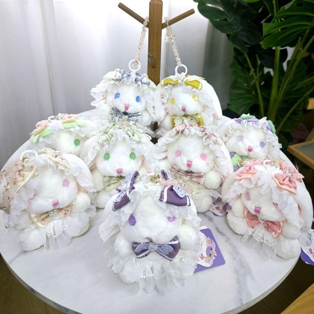 Stuffed Rabbit Doll Keyring Princess Pearl Dress Drooping Ear Rabbit Pendant  As Kids Gift