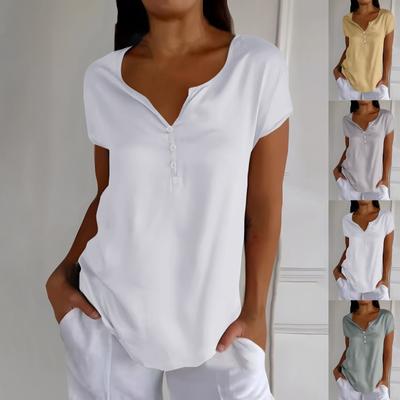 Women's Fashion Button Down Collar Loose Casual Solid Color Short Sleeve Top