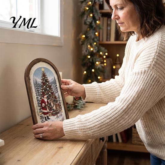 Arte Decorativa da Parete Cornice Portafoto in Legno Arcuata Vintage con Illustrazione Natalizia, Invecchiata Retrò per Decorazione Desktop e Camino,