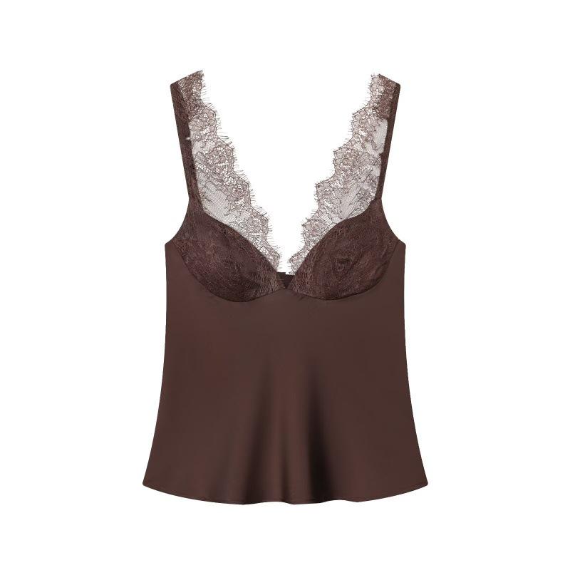 European & American Style Women s Lace Silk Satin Camisole Top - 2026 Model Medium коричневый