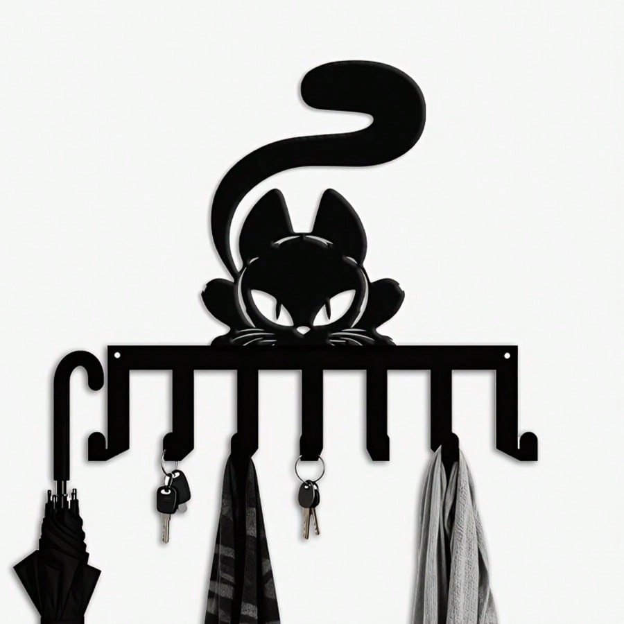 Modern Cat Key Holder Metal Wall Art 7 Hooks Christmas Gift for Cat Lovers