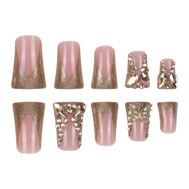 French Edge Duckbill Shape Press-On Nails With Gold Rhinestone Butterfly Design Women