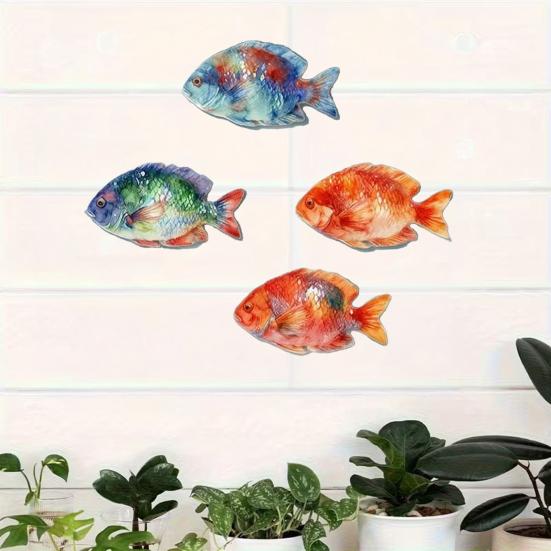 4 Pièces Décoration Murale Poisson en Bois, Art Aquarelle Animal Marin avec 4 Styles Vibrants, Ornement Maison Effet Peint à la Main pour Murs
