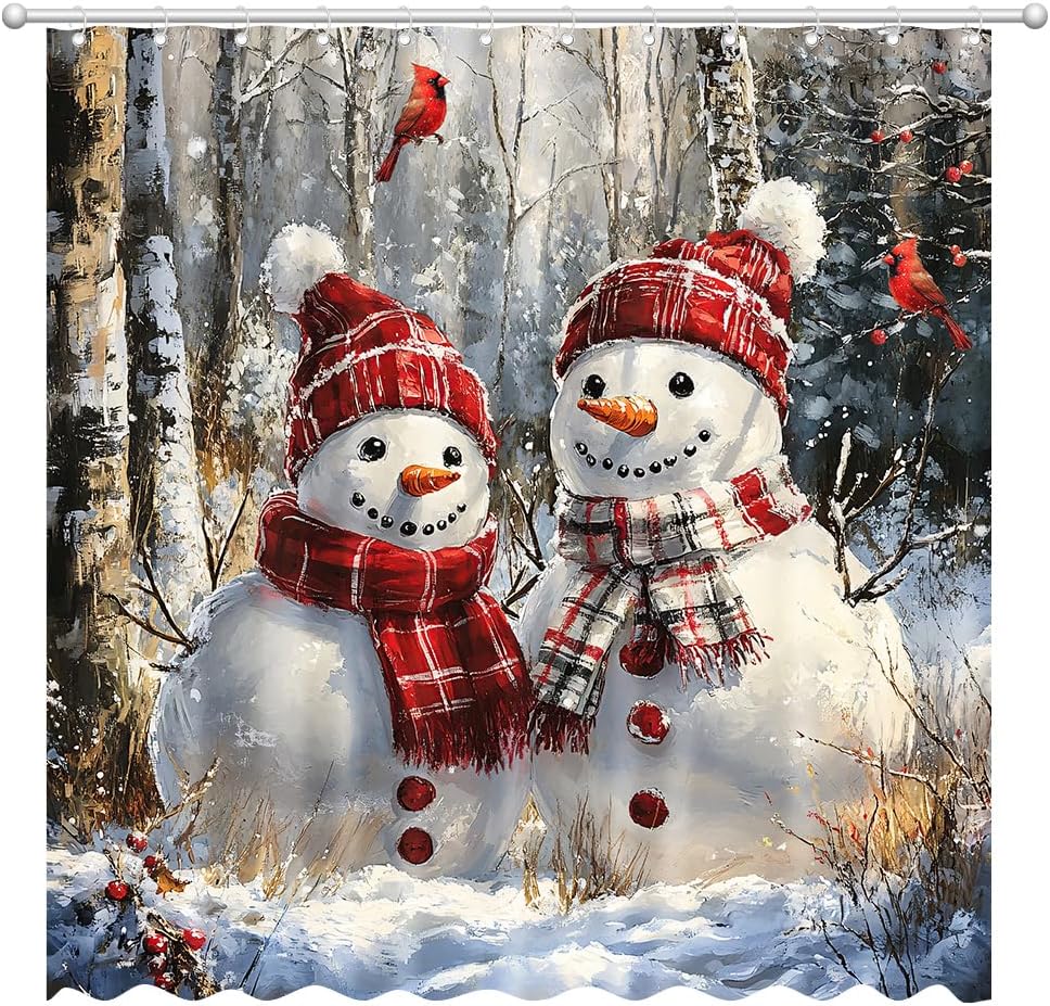 Winter Christmas Snowman Shower CurtainCute Snowman Home Bathroom Decorations Santa Xmas Winter Forest Bathtub Curtain Set