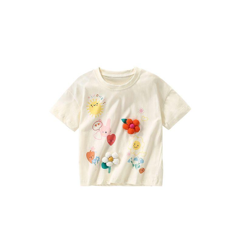 Girl White Small Flower Short Sleeve T-shirt Baby 100% Cotton Coat Children's Summer Clothing Children Base T-shirt Half Sleeve 0-8
