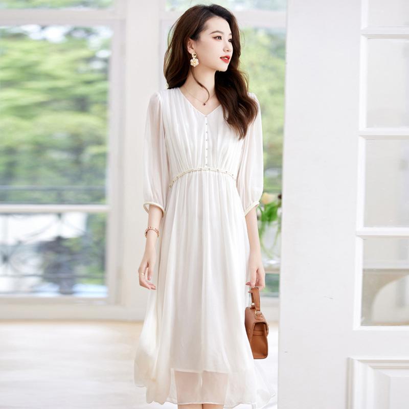 

Silk dress women s summer spring and autumn new temperament elegant waist thin mulberry silk M білий