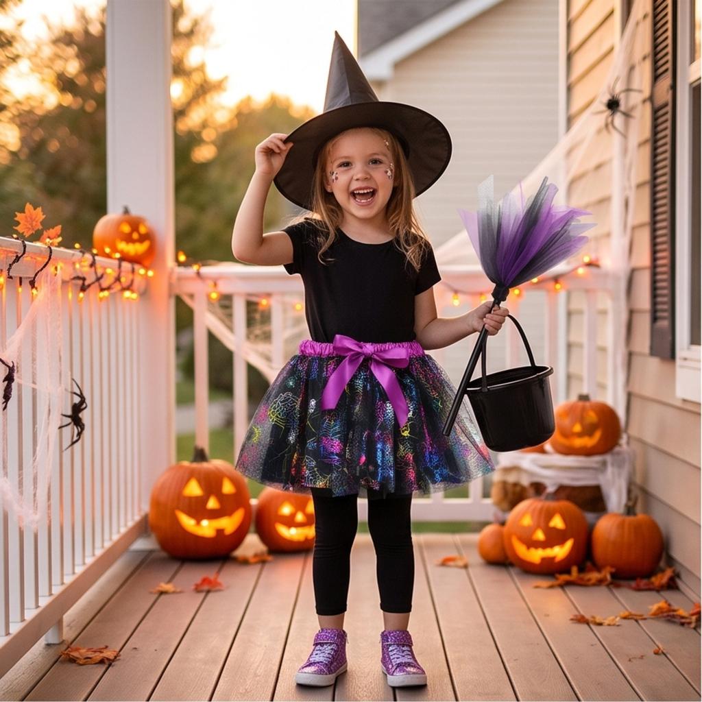 Girls' Halloween Printed Tulle Pumpkin Skirt 3-Piece Set with Witch Hat and