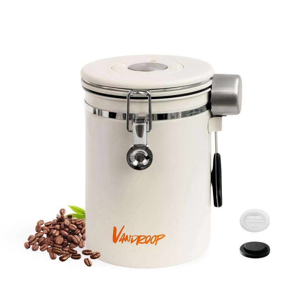 Vandroop Coffee Canister, Stainless Steel, Airtight Container, Vacuum Coffee Storage Container with Date Display Dial, Exhaust Valve & Measuring