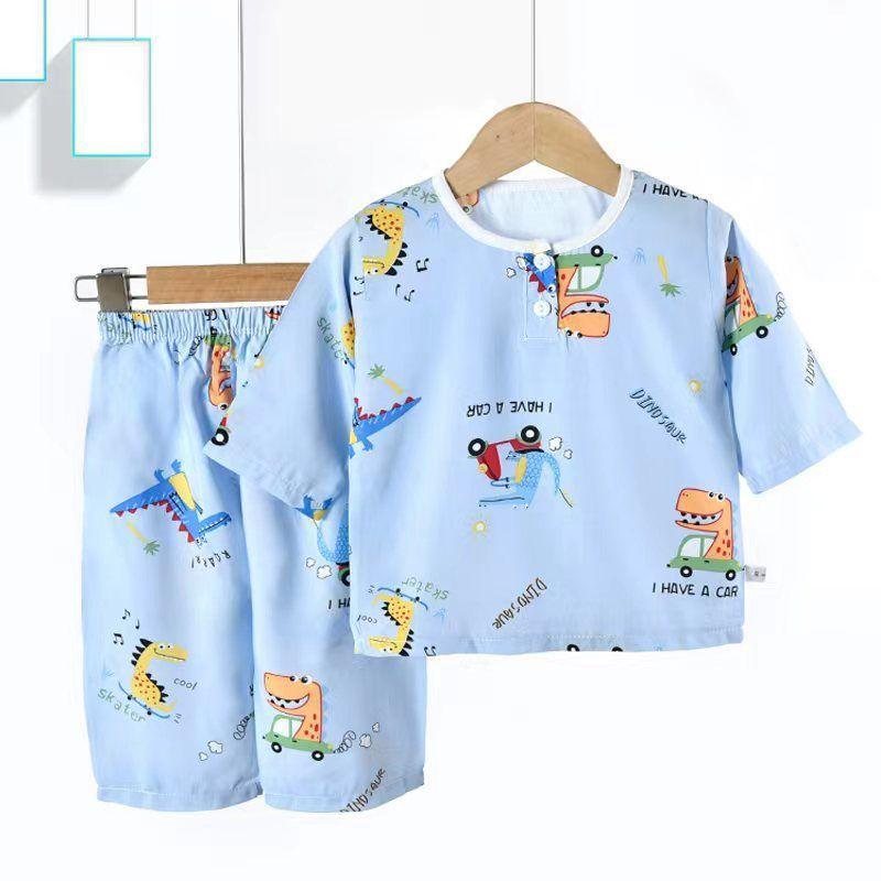 Summer Kids Cotton Silk Pajamas Thin Home Wear Set Boys Girls Cute Pattern Outdoor Wear