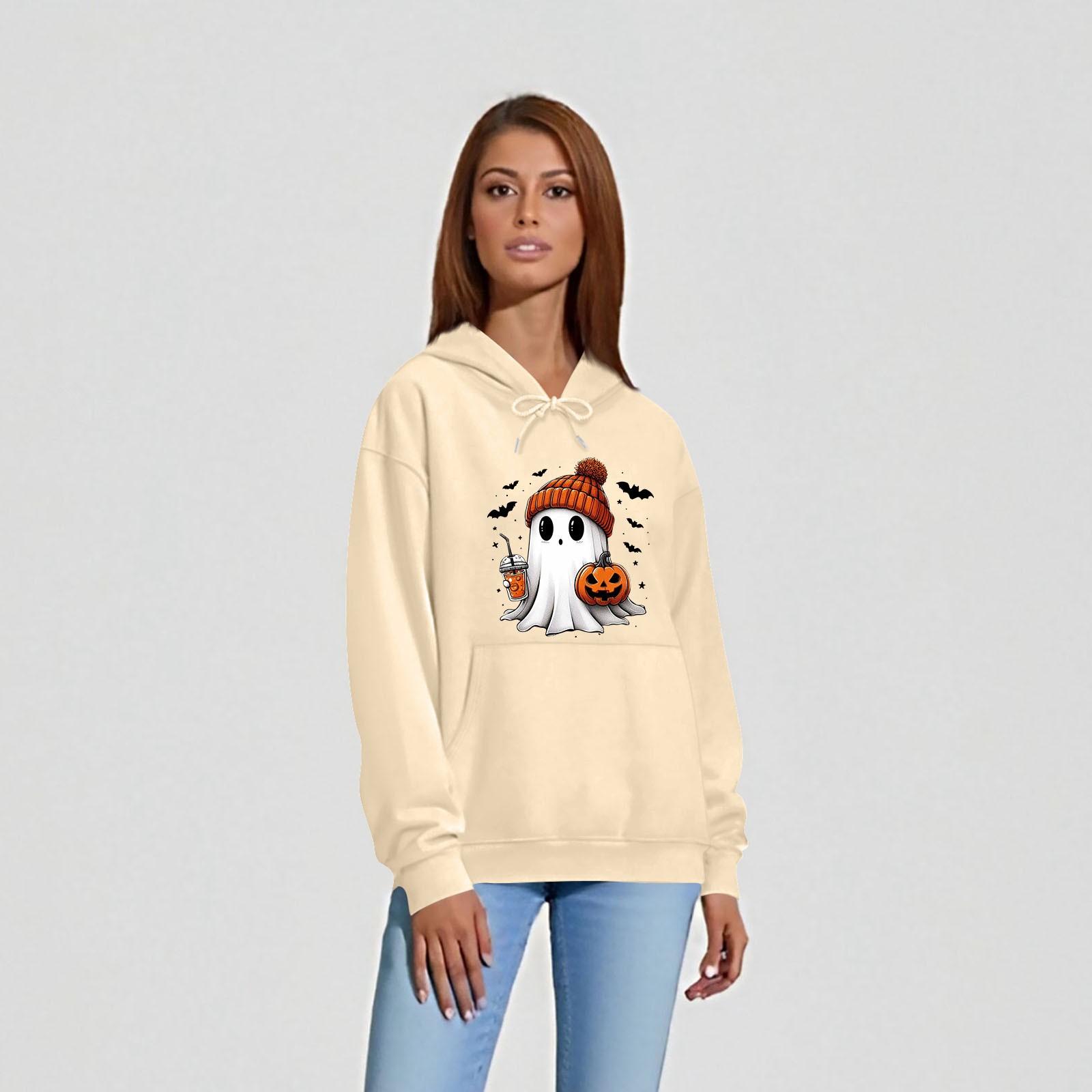 

Женская однотонная толстовка с капюшоном с длинным рукавом и принтом на Хэллоуин XXL бежевый