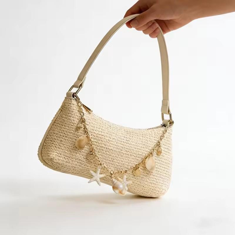 Yogodlns Summer Straw Handbag Purse Chic Weaving Shoulder Bags with Seashell Embellishments Tote Bag for Women Vacation