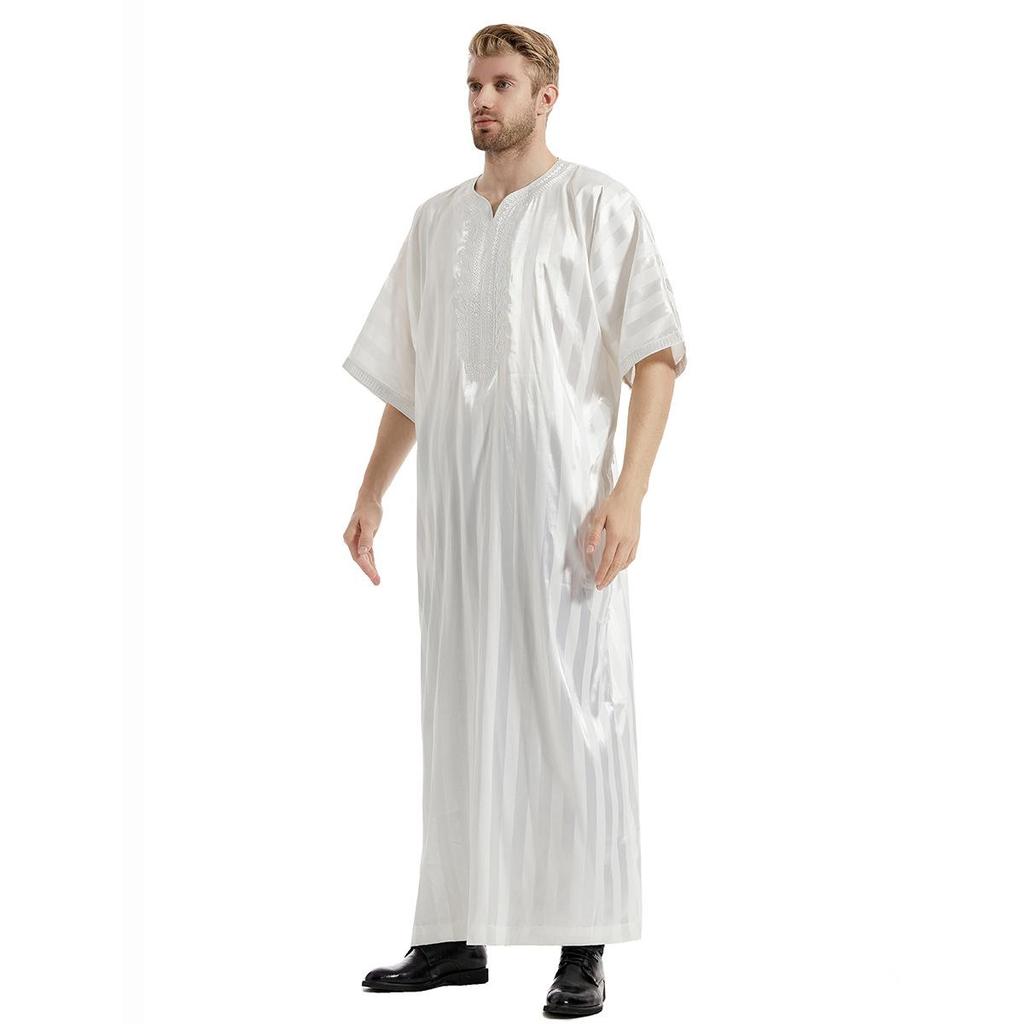 Loose Solid Color Button Thin Mid-Length Simple Arabic Robe Men Ethnic Style Muslim Robe Short-Sleeved Plus Size