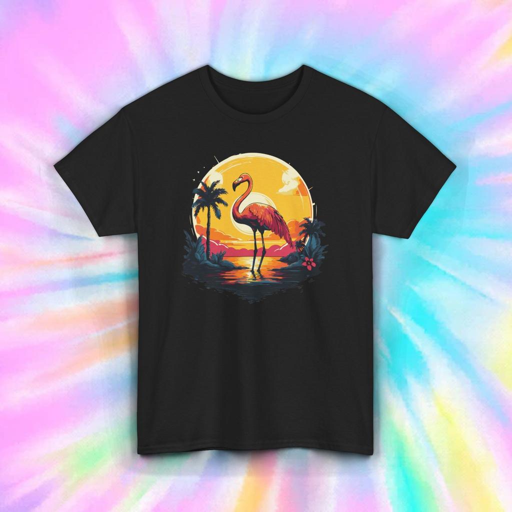 Flamingo Sonnenuntergang T-Shirt Herren Damen T-Shirts Oberteil | Tropischer Strand Grafik | Buntes Flamingo Design