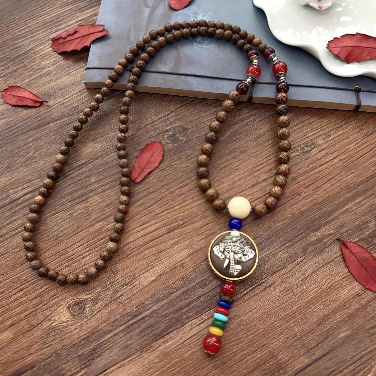 Colier lung etnic retro nepalez cu aripi de pui din lemn și margele Bodhi - Accesoriu de modă unisex