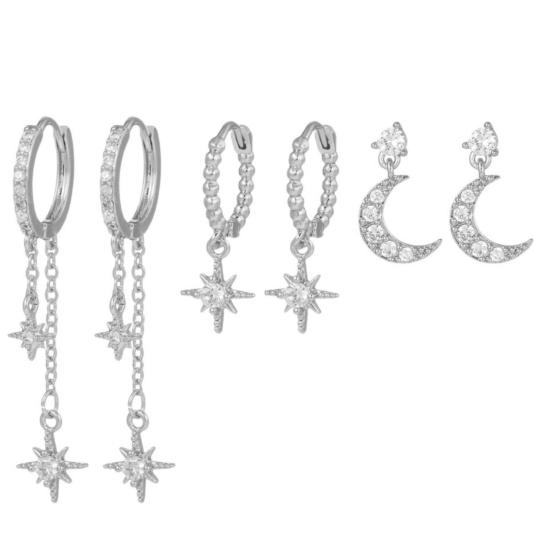 

6PCS Fashion Cubic Zirconia Chain Star Moon Hoop Earring Set for Women Stainless Steel Pendant Cartilage Piercing Jewelry
