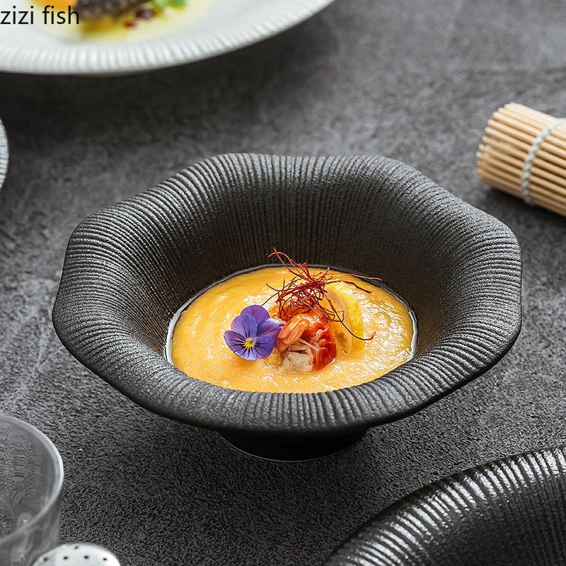 Matte Striped Ceramic Deep Plate Irregular Soup Bowl Steak Plate Dessert Snack Plate Salad Bowl Artistic Conception Tableware