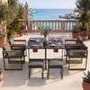 7-Piece Dining Table and Chair Set for 6 People, Table Made of Tempered Glass, Armrests of Plastic and Wood, Suitable for Backyard, Garden Patio
