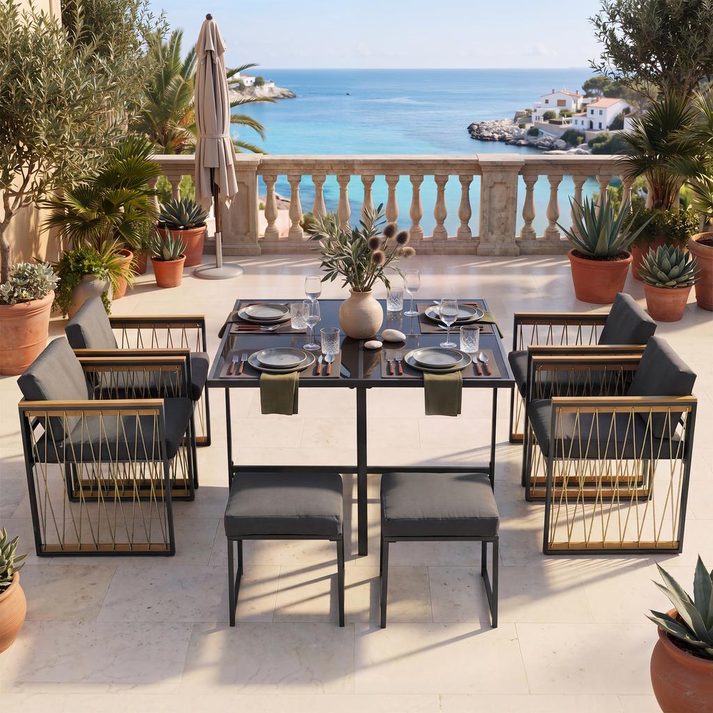 7-Piece Dining Table and Chair Set for 6 People, Table Made of Tempered Glass, Armrests of Plastic and Wood, Suitable for Backyard, Garden Patio