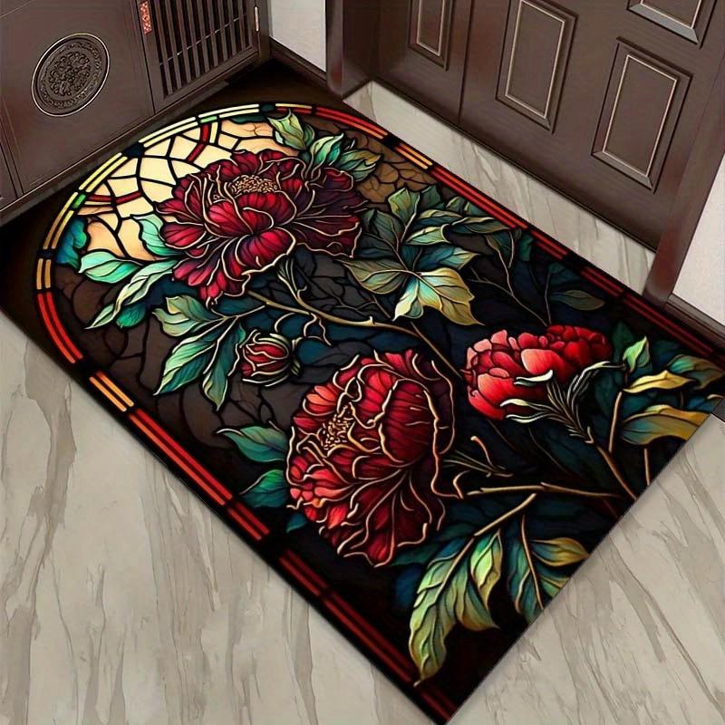 Stained Glass Flower Rug - Vibrant Peony Design for Dining Room, Botanical Art Home Decor Accessories Skid Resistant Carpet