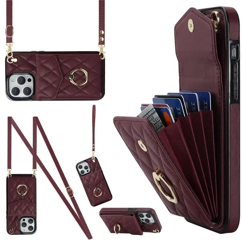 Crossbody Lanyard Leather Wallet Card Phone Case for iPhone 17 Air 16E 16 15 Pro Max 14 Plus 13 12 11 X XS XR Ring Flip Cover