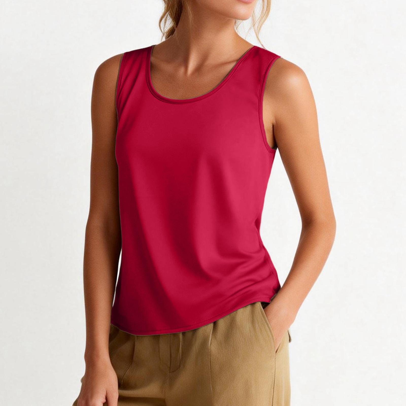 Women s Satin Round Neck Fashion Loose Sleeveless T-Shirt Vest XXL винный